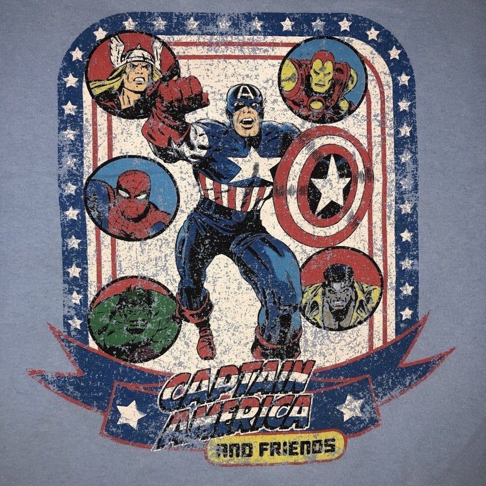 Y2K Marvel Captain America Hulk Thor Spiderman Iron Man Faded Blue T-shirt Sz L - Picture 3 of 9